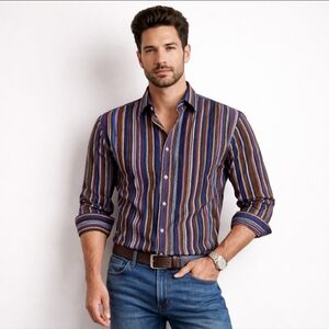 Etro Milano Men’s XXL Textured Stripe Button-Down Shirt Blue Purple Brown